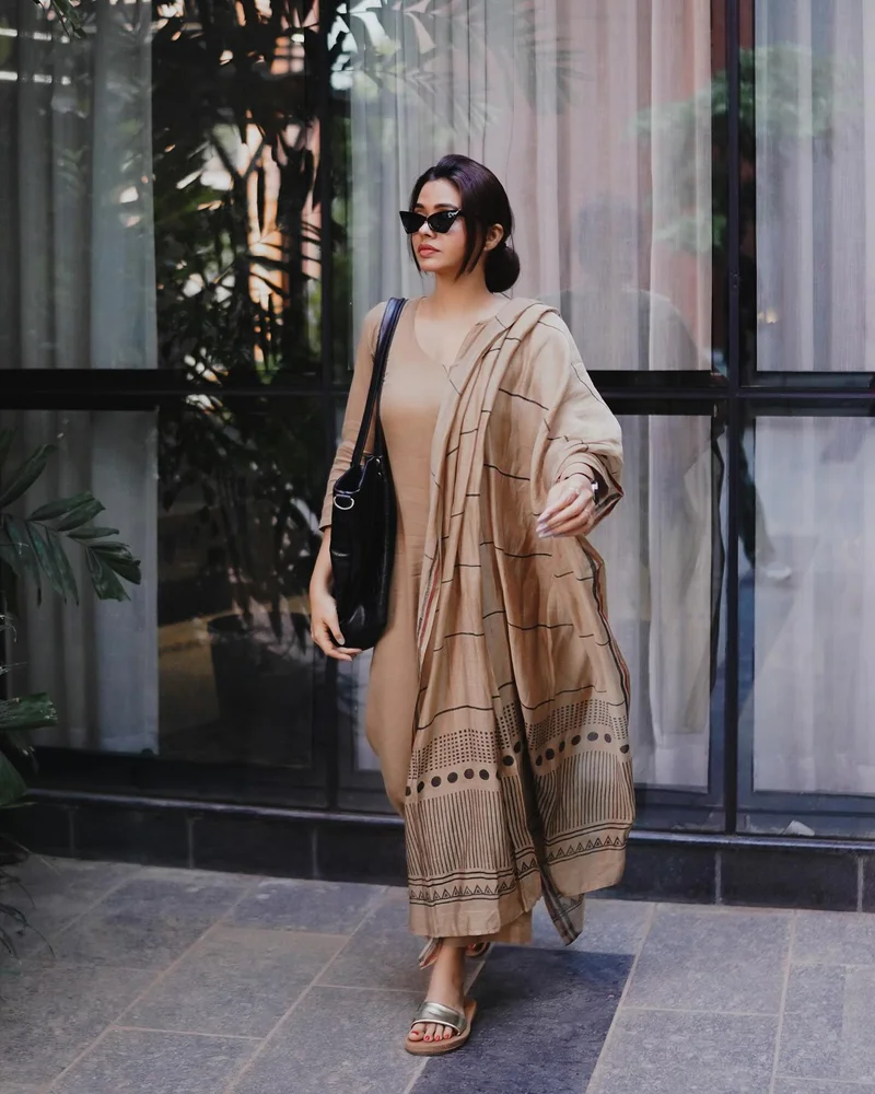 GoSriKi Beige GoSriKi Women's Rayon Blend Straight Solid Kurta with Pant & Dupatta (Raja Saab Beige-GS_M_Beige_Medium) for Women | Best Price UAE